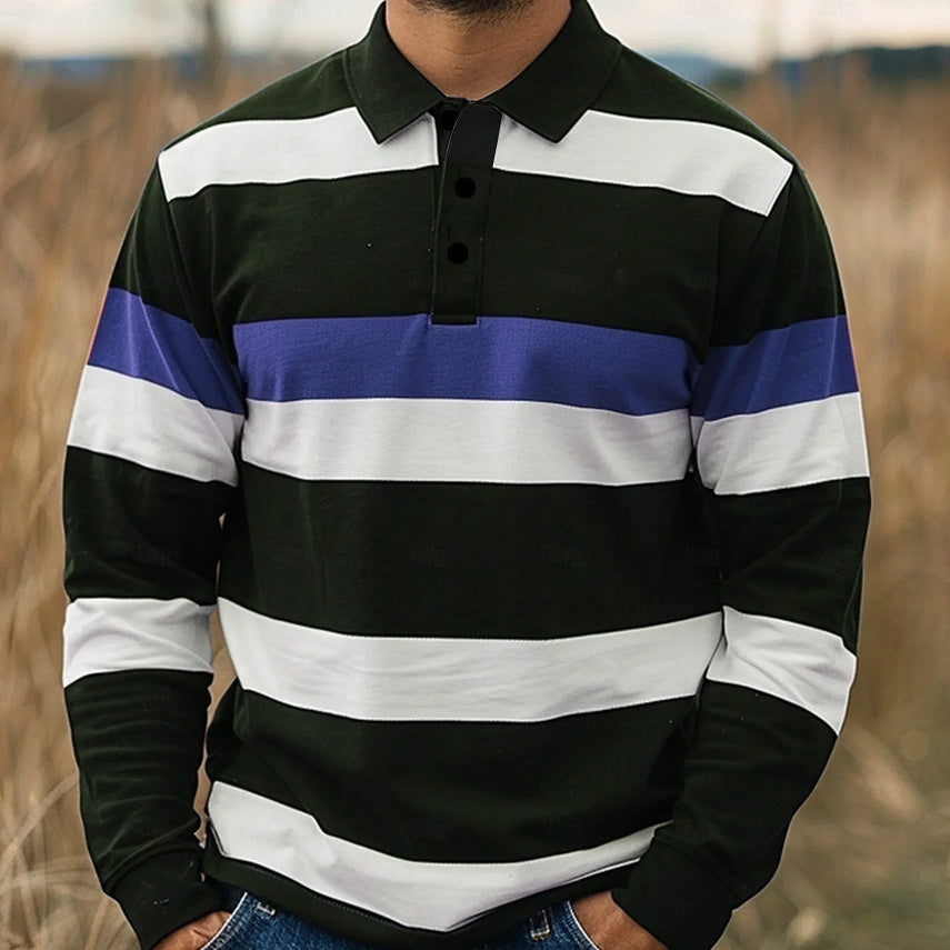 Digital-print men's casual long-sleeve polo-neck top with bold horizontal stripes and slim fit design
