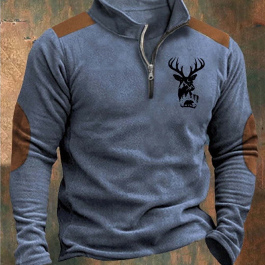 Men's casual standup collar half zip pullover sweater with deer print and brown shoulder patches