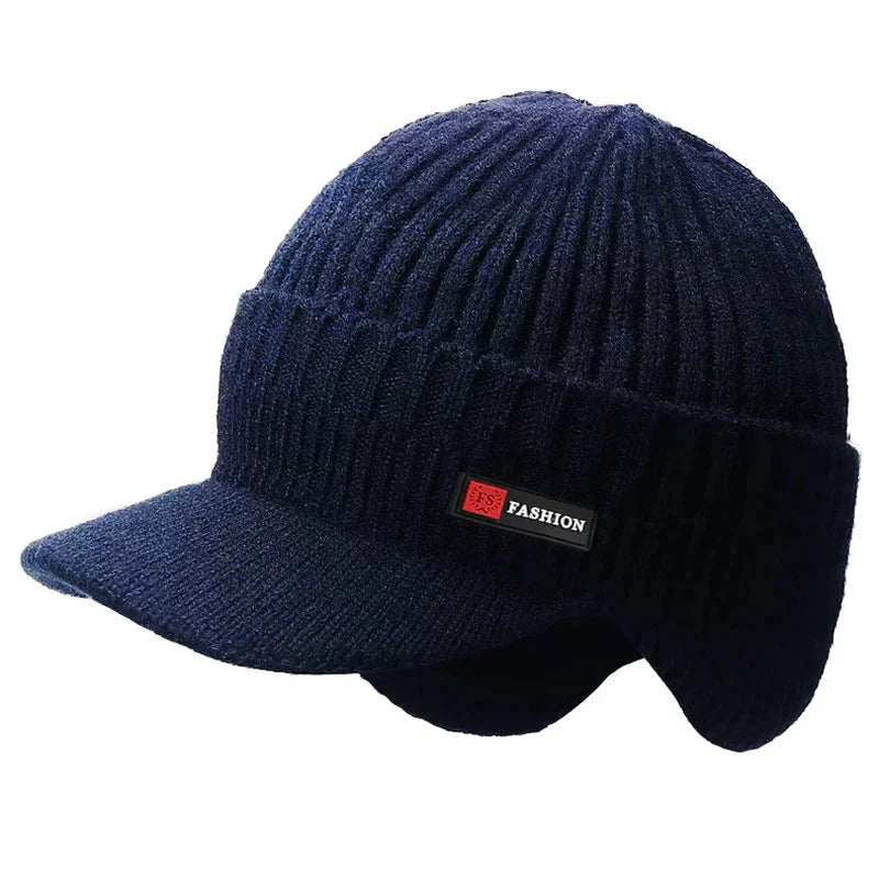 Winter men's hat with ear protection, windproof visor, and thick knitted design in navy blue