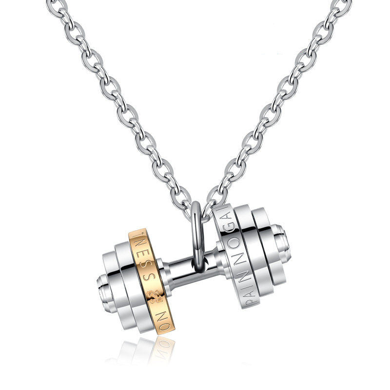 Titanium dumbbell necklace with silver and gold tones on a chain