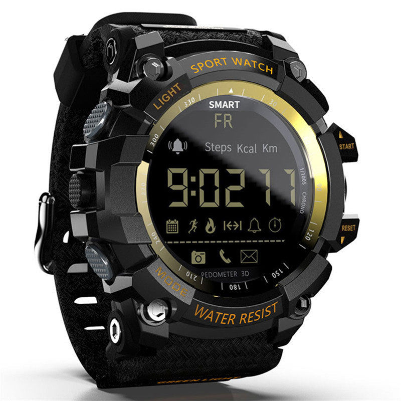 OKMAT MK16 smart watch with rugged black design, step counter, health monitoring, and water resistance features.