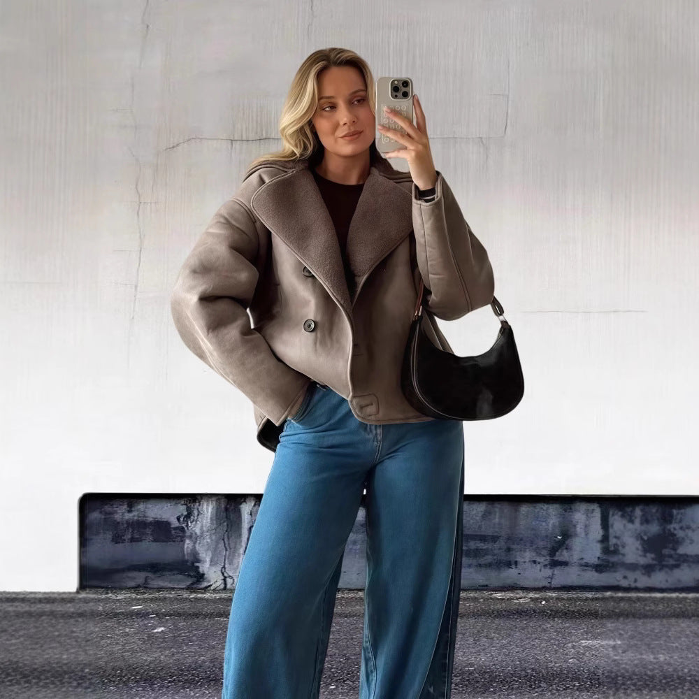 Woman wearing vintage lambswool lapel light brown long-sleeve jacket with patchwork design and regular fit