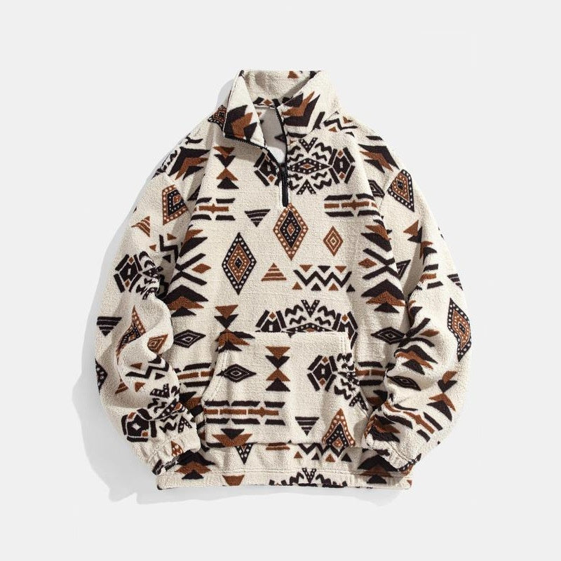 Men's ethnic-pattern zip-up hoodie with wool lining and ramie fabric in beige with brown and black geometric designs