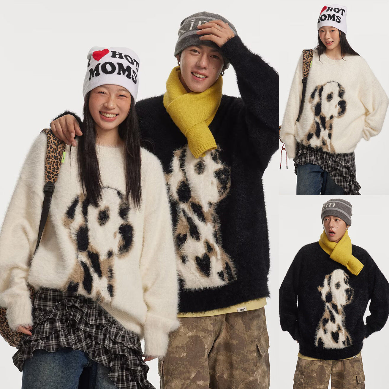 Men's loose fit Puppy Jacquard Mink Cashmere knitted sweater in black and white colors, casual winter pullover with long sleeves.