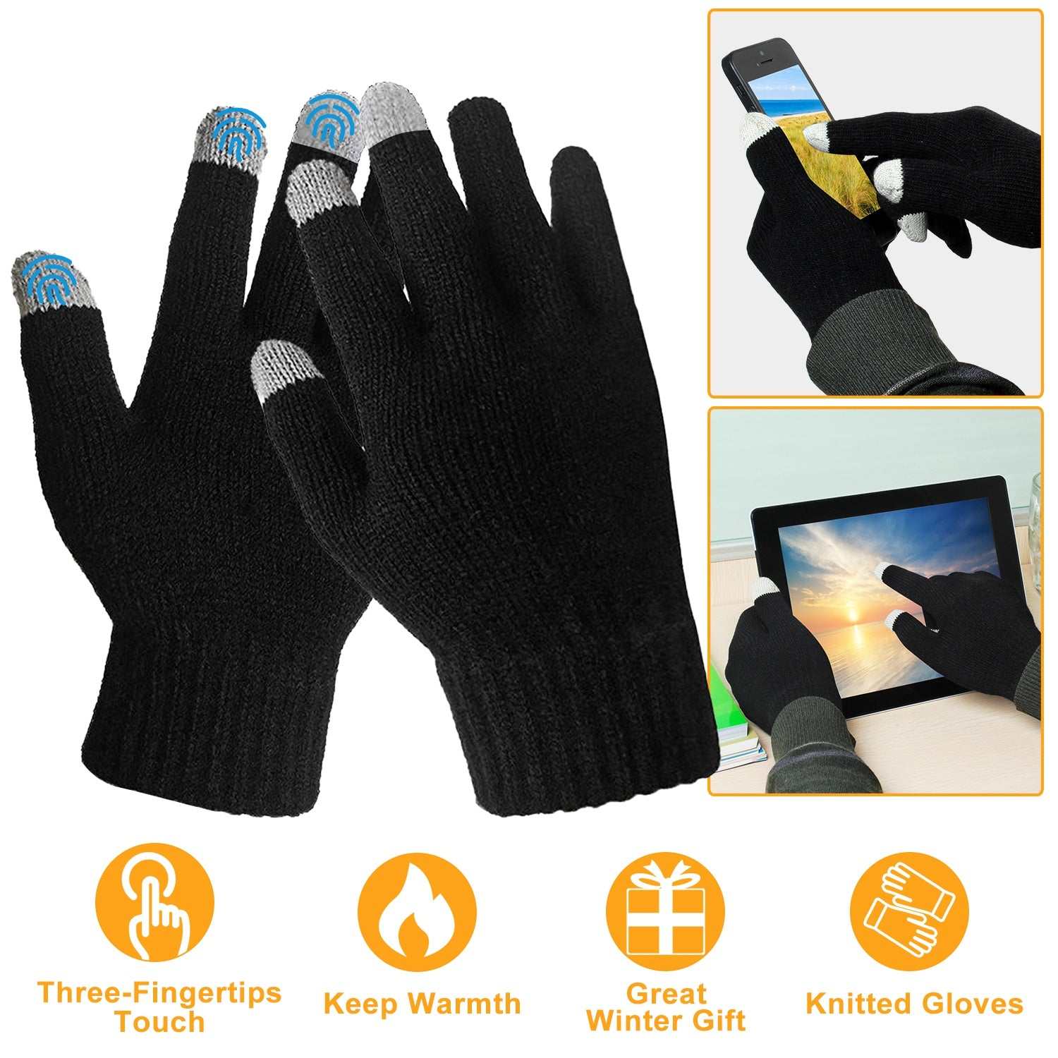 Black unisex knitted touch screen gloves with full fingers for winter warmth and outdoor activities