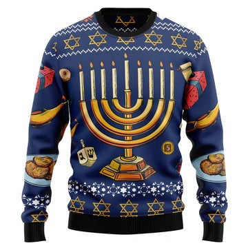 Men's sports loose long-sleeve sweatshirt with Hanukkah menorah and dreidel print, round neck and patch pockets