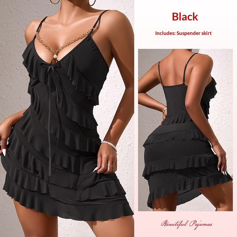 Fashionable Patchwork Ruffle-Trim Camisole Short Dress For Women